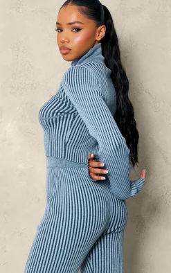 PrettyLittleThing Knitted Tops*Two Tone Chunky Rib Knit Underbust Detail Cropped Half Zip