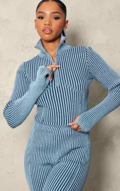 PrettyLittleThing Knitted Tops*Two Tone Chunky Rib Knit Underbust Detail Cropped Half Zip