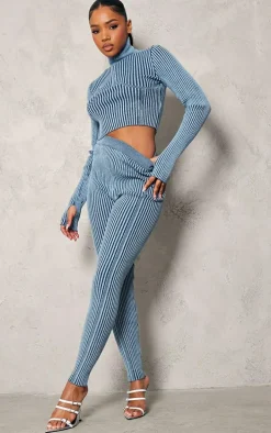 Blue Two Tone Chunky Rib Knit Leggings