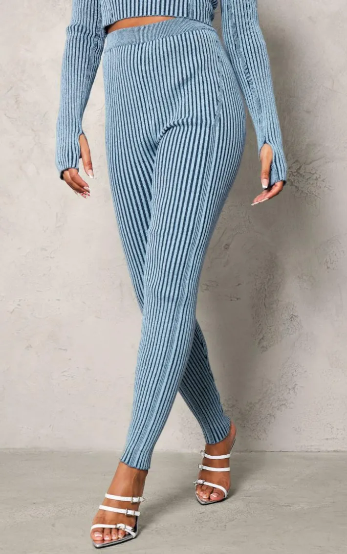 Blue Two Tone Chunky Rib Knit Leggings