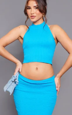 Sale PrettyLittleThing Two Tone Open Back Halterneck Top Blue