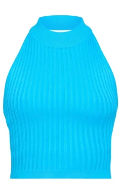 Sale PrettyLittleThing Two Tone Open Back Halterneck Top Blue