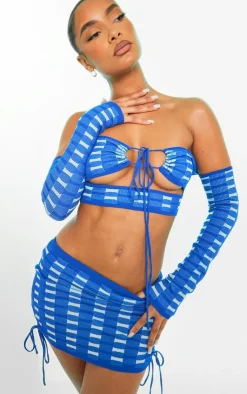 Hot PrettyLittleThing Two Tone Square Knit Ruched Side Skirt Blue