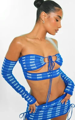New PrettyLittleThing Two Tone Square Knit Lace Front Top Blue