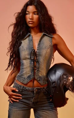Online PrettyLittleThing Vintage Wash Front Lace Seam Detail Denim Vest Blue