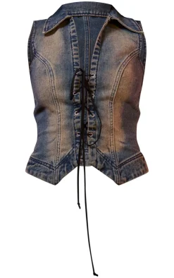Online PrettyLittleThing Vintage Wash Front Lace Seam Detail Denim Vest Blue