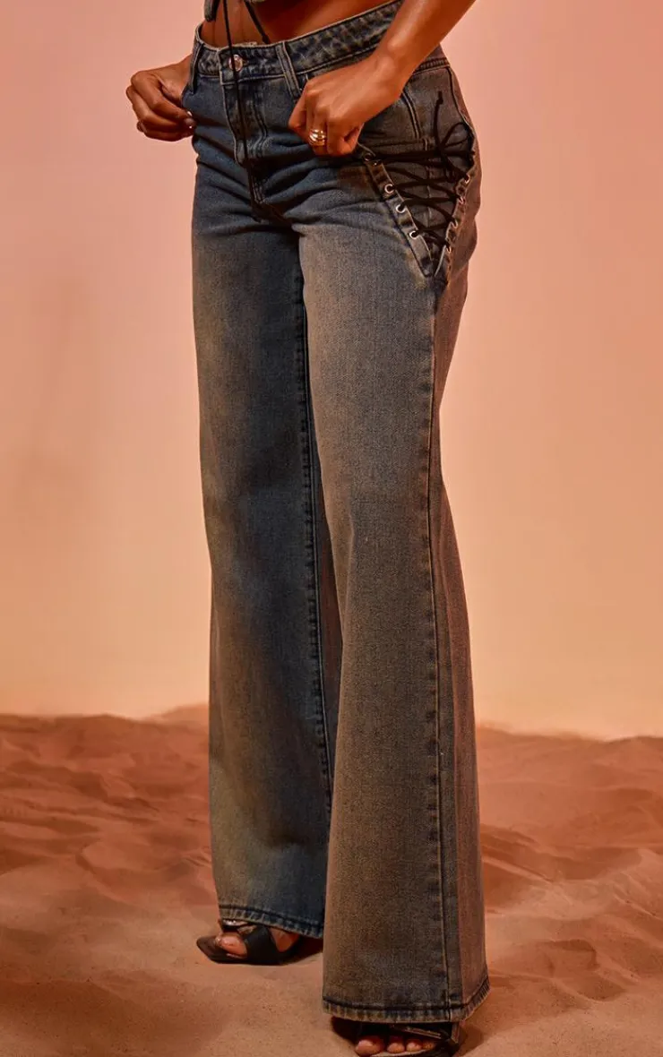 New PrettyLittleThing Vintage Wash Lace Up Pocket Straight Leg Jeans Blue