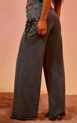 New PrettyLittleThing Vintage Wash Lace Up Pocket Straight Leg Jeans Blue