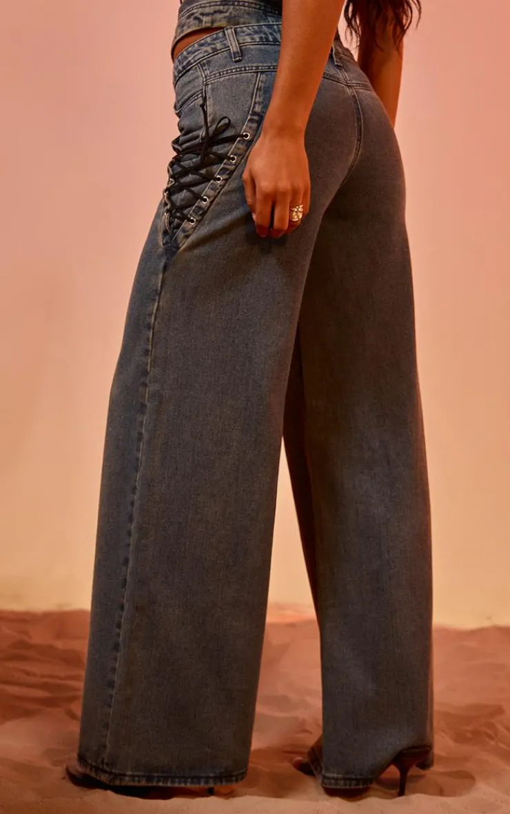 New PrettyLittleThing Vintage Wash Lace Up Pocket Straight Leg Jeans Blue