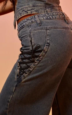 New PrettyLittleThing Vintage Wash Lace Up Pocket Straight Leg Jeans Blue
