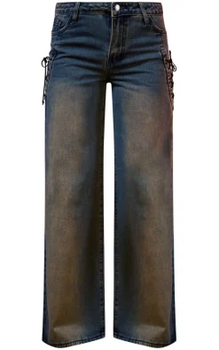 New PrettyLittleThing Vintage Wash Lace Up Pocket Straight Leg Jeans Blue