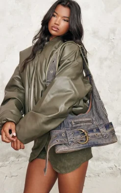 PrettyLittleThing Shoppers*Washed Denim Buckle Detail Tote Bag