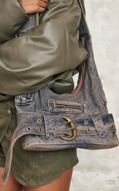 PrettyLittleThing Shoppers*Washed Denim Buckle Detail Tote Bag