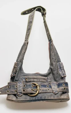 PrettyLittleThing Shoppers*Washed Denim Buckle Detail Tote Bag