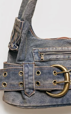 PrettyLittleThing Shoppers*Washed Denim Buckle Detail Tote Bag