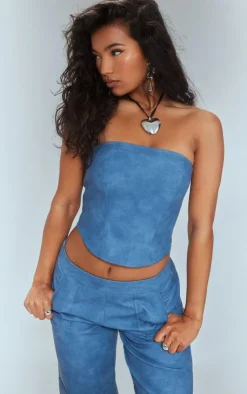 Clearance PrettyLittleThing Washed Faux Leather Seam Detail Bandeau Corset Blue