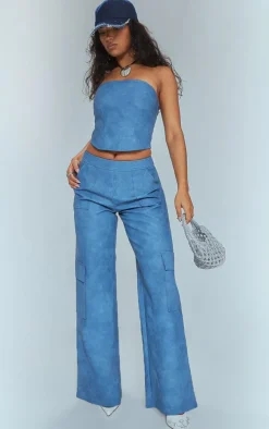 Clearance PrettyLittleThing Washed Faux Leather Seam Detail Bandeau Corset Blue