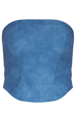 Clearance PrettyLittleThing Washed Faux Leather Seam Detail Bandeau Corset Blue
