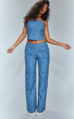 Sale PrettyLittleThing Washed Faux Leather Pocket Detail Extreme Wide Leg Pants Blue