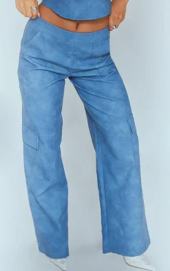 Sale PrettyLittleThing Washed Faux Leather Pocket Detail Extreme Wide Leg Pants Blue