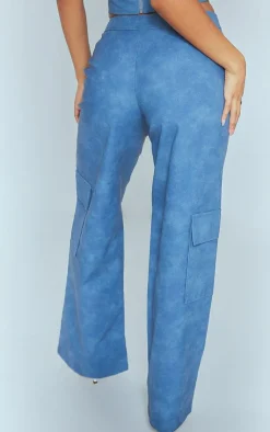Sale PrettyLittleThing Washed Faux Leather Pocket Detail Extreme Wide Leg Pants Blue