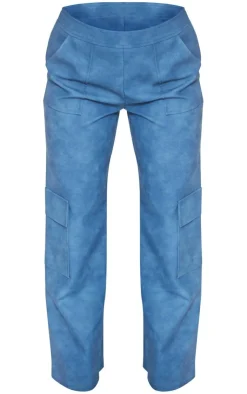Sale PrettyLittleThing Washed Faux Leather Pocket Detail Extreme Wide Leg Pants Blue