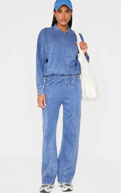 PrettyLittleThing Blue Sweatsuits*Washed Seam Detail Wide Leg Sweatpants