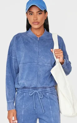 PrettyLittleThing Blue Sweatsuits*Washed Seam Detail Zip Up Bomber Style Sweatshirt