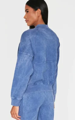 PrettyLittleThing Blue Sweatsuits*Washed Seam Detail Zip Up Bomber Style Sweatshirt