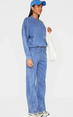 PrettyLittleThing Blue Sweatsuits*Washed Seam Detail Zip Up Bomber Style Sweatshirt