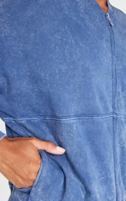 PrettyLittleThing Blue Sweatsuits*Washed Seam Detail Zip Up Bomber Style Sweatshirt