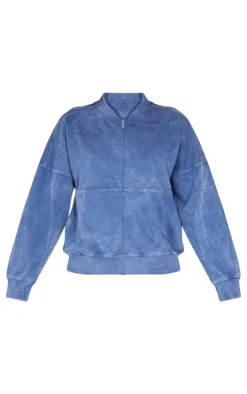PrettyLittleThing Blue Sweatsuits*Washed Seam Detail Zip Up Bomber Style Sweatshirt