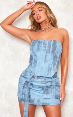 Discount PrettyLittleThing Washed Twill Cargo Bandeau Corset Blue