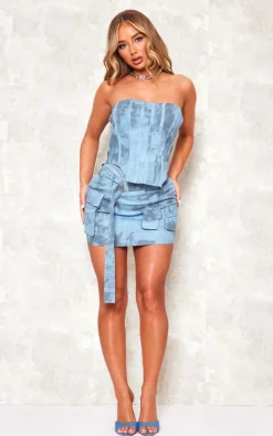 Discount PrettyLittleThing Washed Twill Cargo Bandeau Corset Blue
