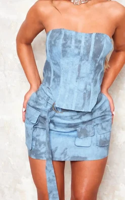 Discount PrettyLittleThing Washed Twill Cargo Bandeau Corset Blue