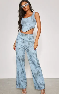 Sale PrettyLittleThing Washed Twill Pocket Detail High Waist Cargo Pants Blue