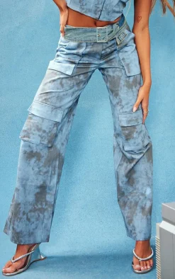 Online PrettyLittleThing Washed Twill Pocket Wide Leg Cargo Pants Blue