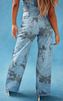 Online PrettyLittleThing Washed Twill Pocket Wide Leg Cargo Pants Blue