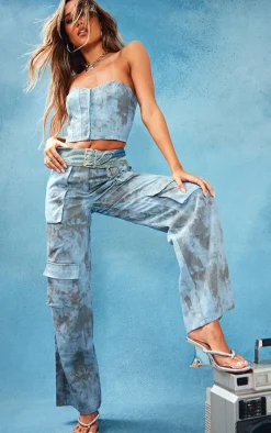 Online PrettyLittleThing Washed Twill Pocket Wide Leg Cargo Pants Blue