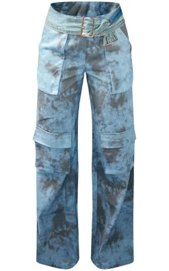 Online PrettyLittleThing Washed Twill Pocket Wide Leg Cargo Pants Blue