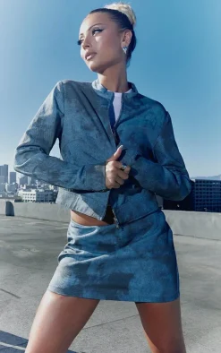 Best PrettyLittleThing Washed Twill Seam Detail Crop Jacket Blue