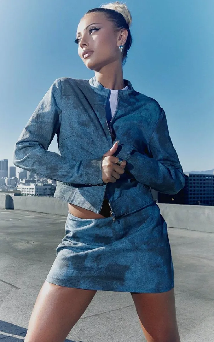 Best PrettyLittleThing Washed Twill Seam Detail Crop Jacket Blue