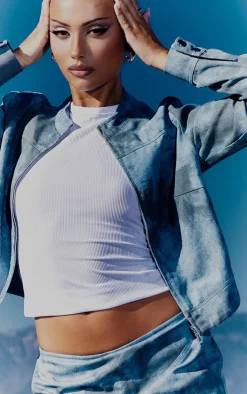 Best PrettyLittleThing Washed Twill Seam Detail Crop Jacket Blue