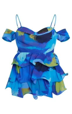 Watercolour Print Chiffon Bardot Frill Detail Romper-PrettyLittleThing New