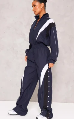 Blue Woven Contrast Popper Cuff Wide Leg Jumpsuit