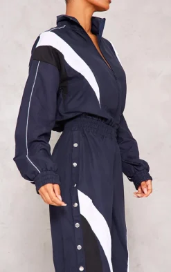 Blue Woven Contrast Popper Cuff Wide Leg Jumpsuit