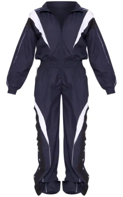 Blue Woven Contrast Popper Cuff Wide Leg Jumpsuit
