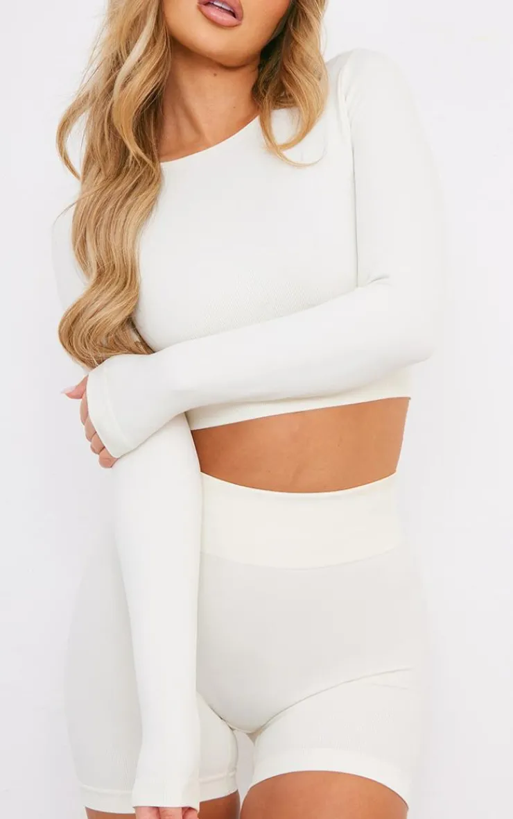 PrettyLittleThing Workout Tops*Bone Seamless Long Sleeve Cropped Gym Top