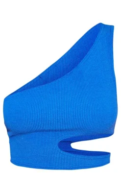 Online PrettyLittleThing Crinkle Rib One Shoulder Cut Out Crop Top Bright Blue