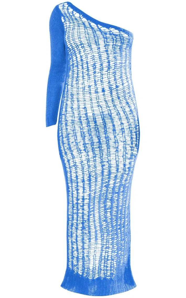 Bright Blue Distressed Open Knit One Sleeve Midaxi Beach Dress